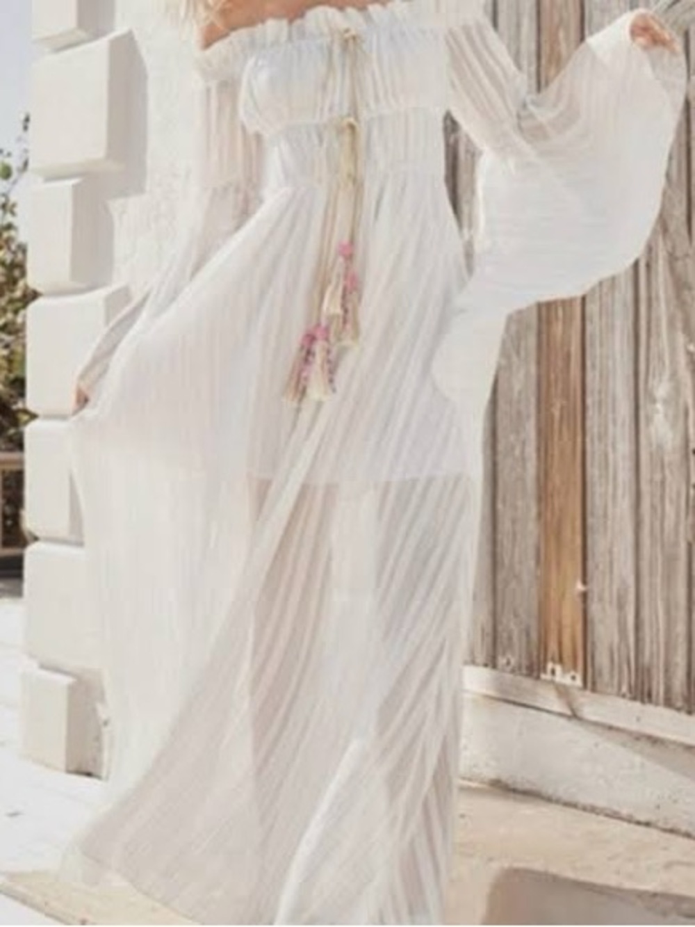 White Sheer Off-Shoulder Maxi Dress with Gold Pinstripes NWOT XL